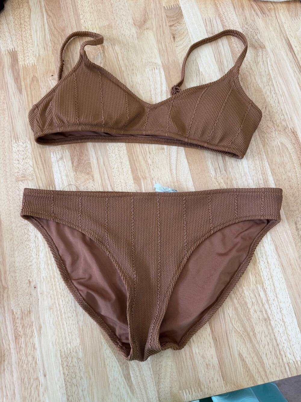 Aerie Brown Ribbed Bikini Medium Large Two Piece Swimwear